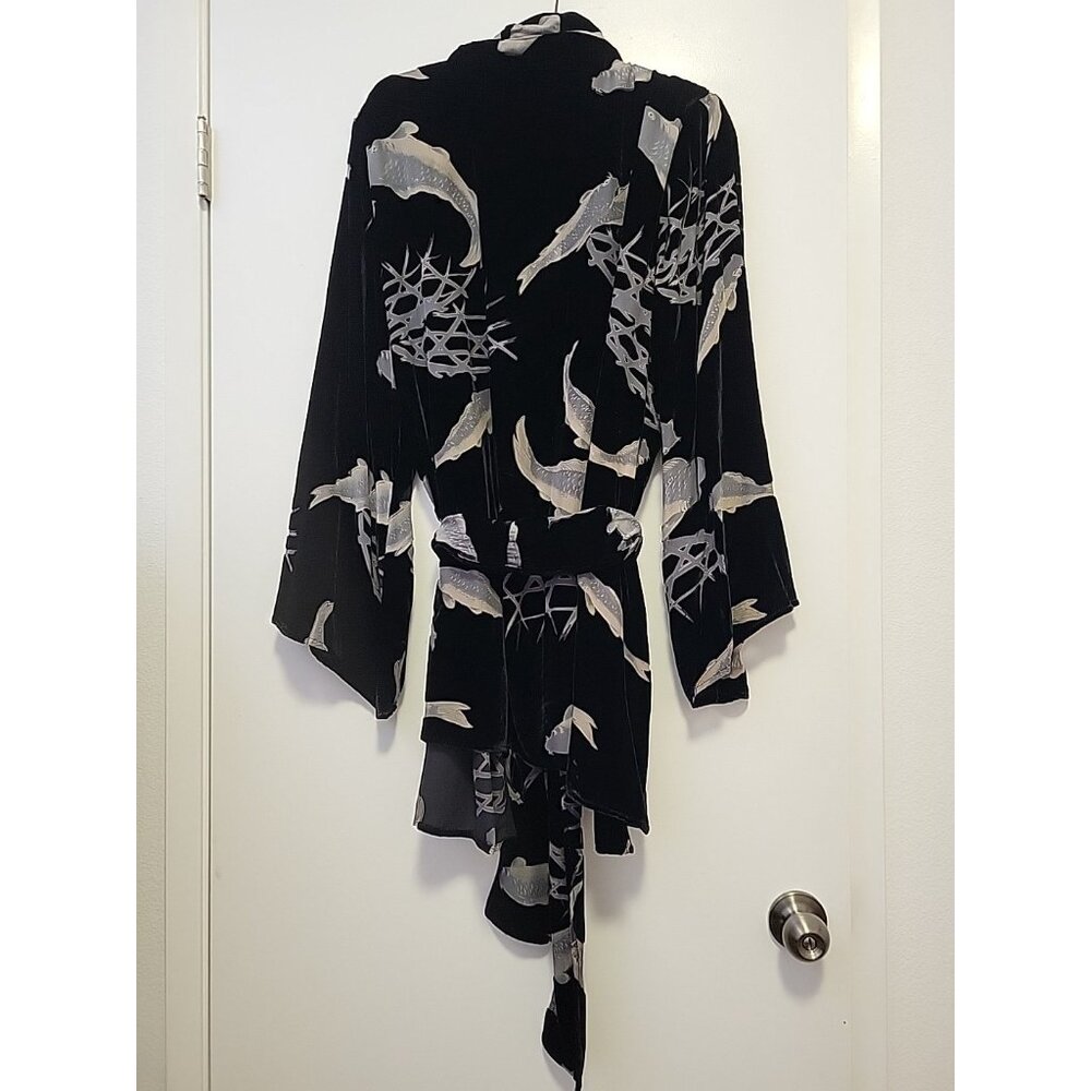 Citron Santa Monica Kimono Jacket Burnout Velvet Koi Fish Black Silk Blend 2X - Picture 8 of 13